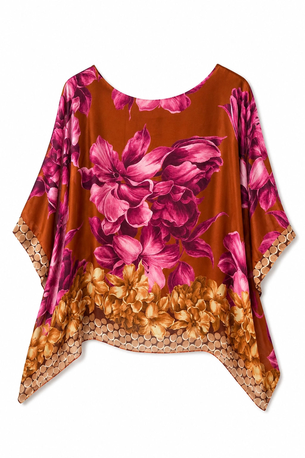 A short-sleeve, kaftan-style top with a warm rust-brown base, featuring large magenta-pink floral prints and a textured gold pattern along the hem and sleeve edges, shown against a plain white background.