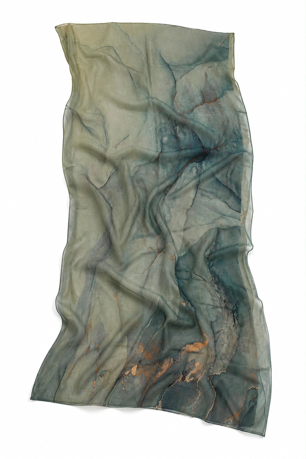 A lightweight sheer scarf with an abstract marbled pattern in muted teal, sage green, and slate gray, featuring subtle copper-brown veining, shown against a plain white background.
