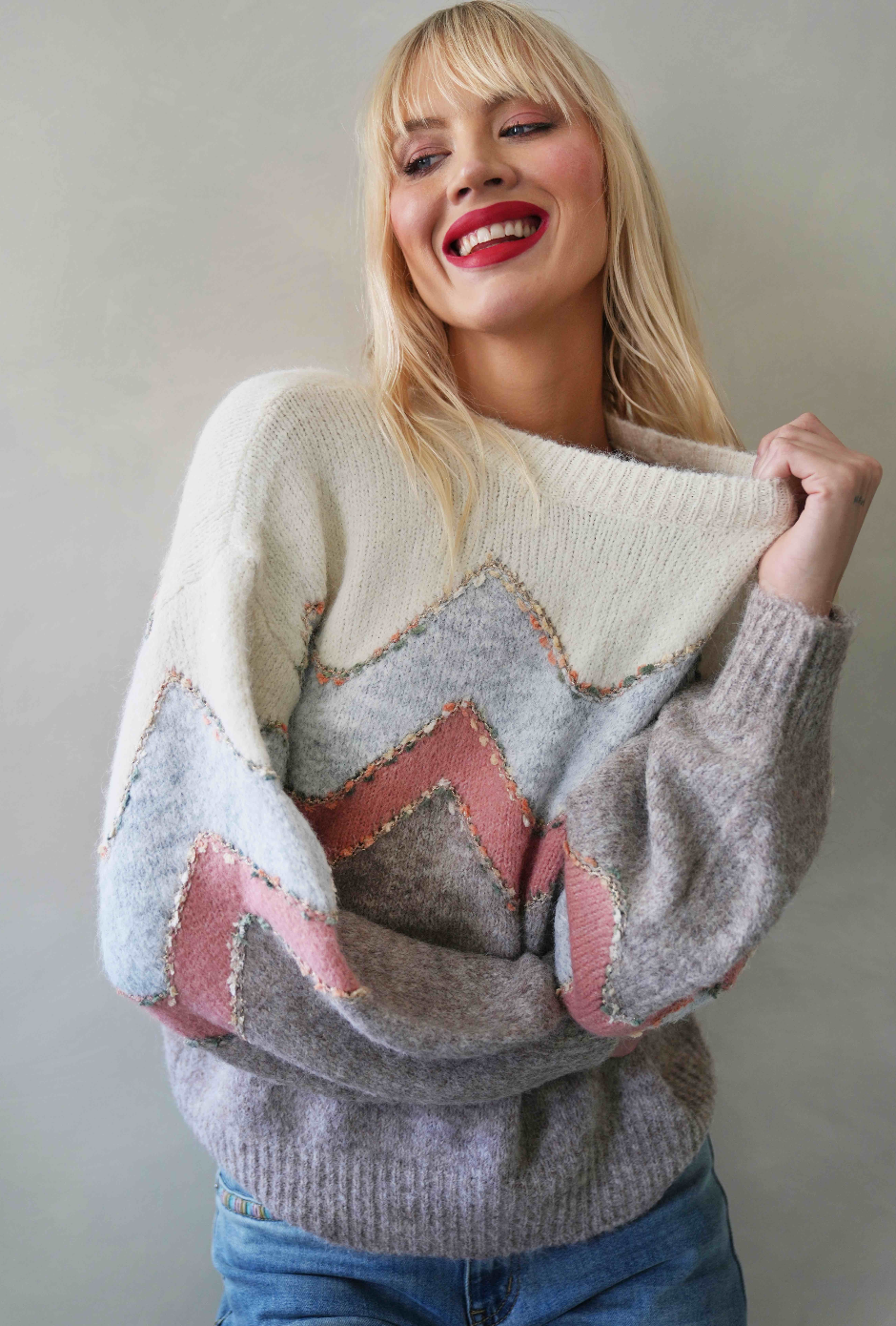 Peach and Grey Zig Zag Jumper