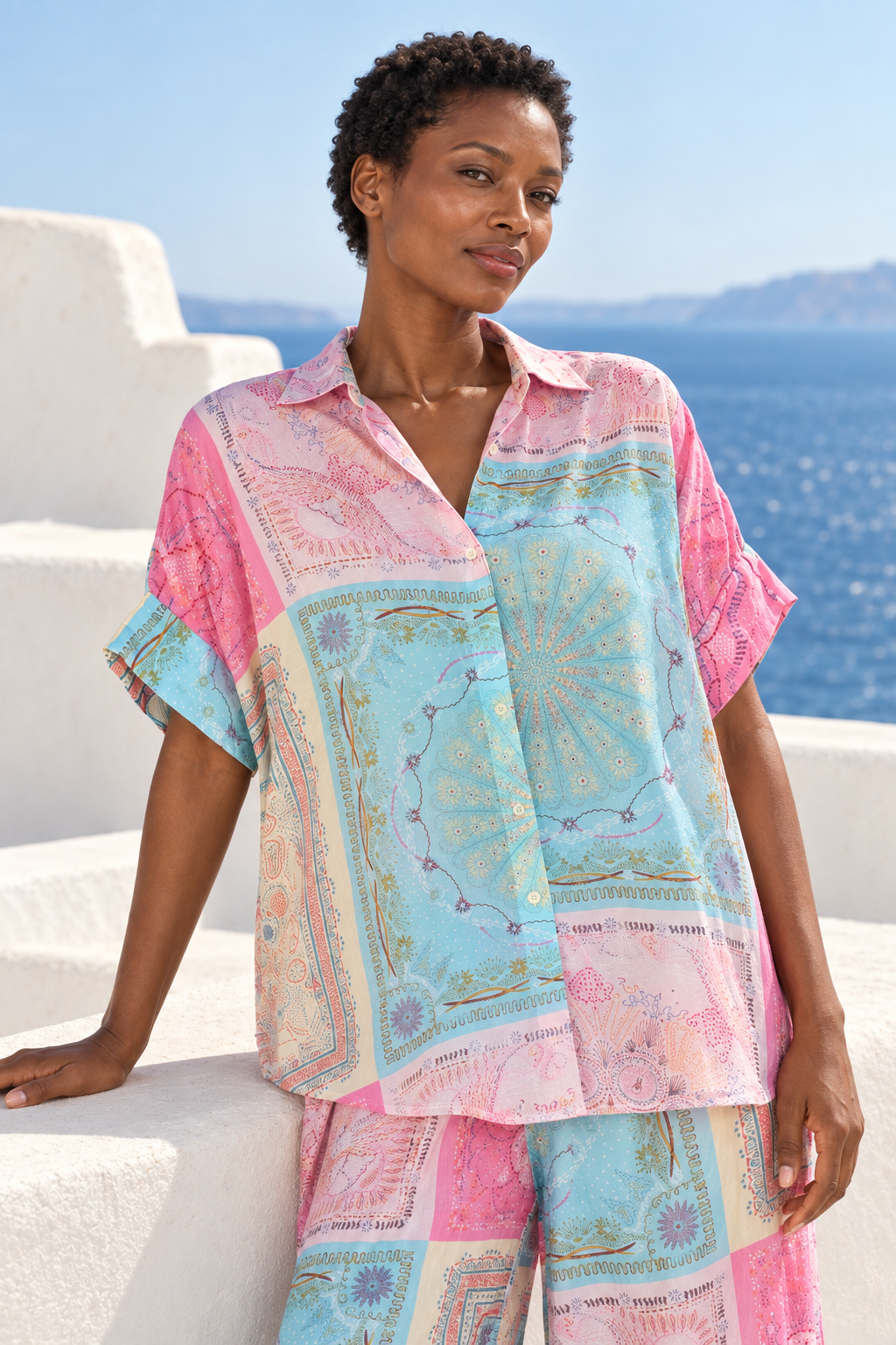 Pink and Turquoise Print Blouse