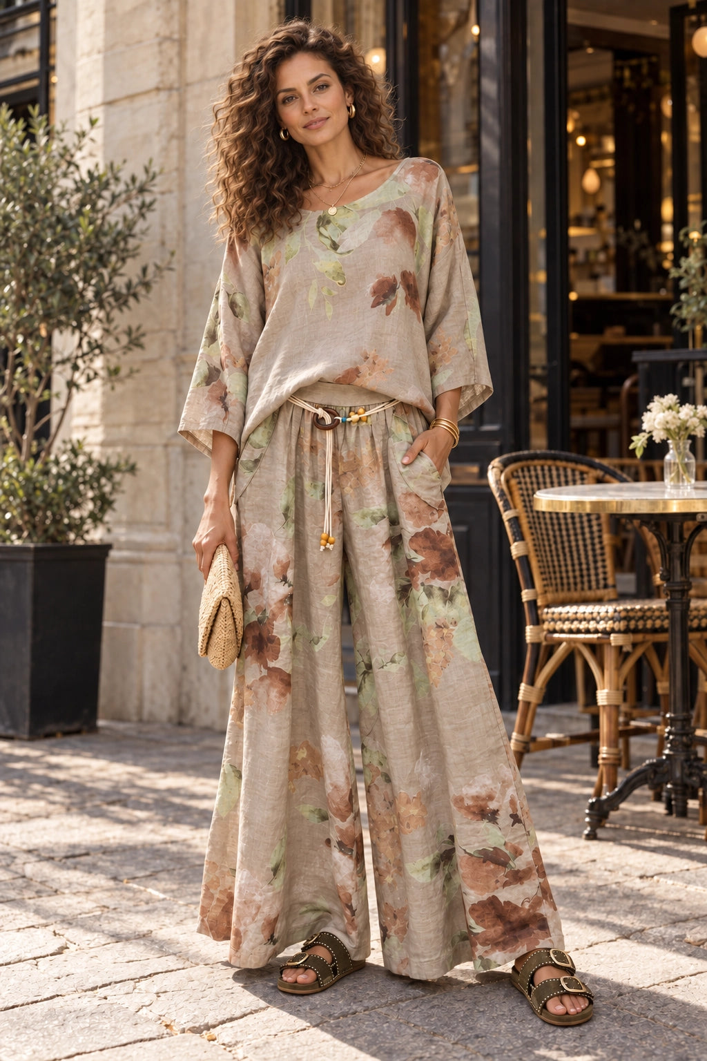 Taupe Amelia Flower Print Linen Top