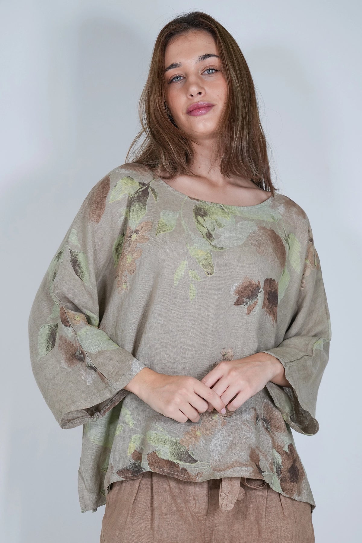 Taupe Amelia Flower Print Linen Top