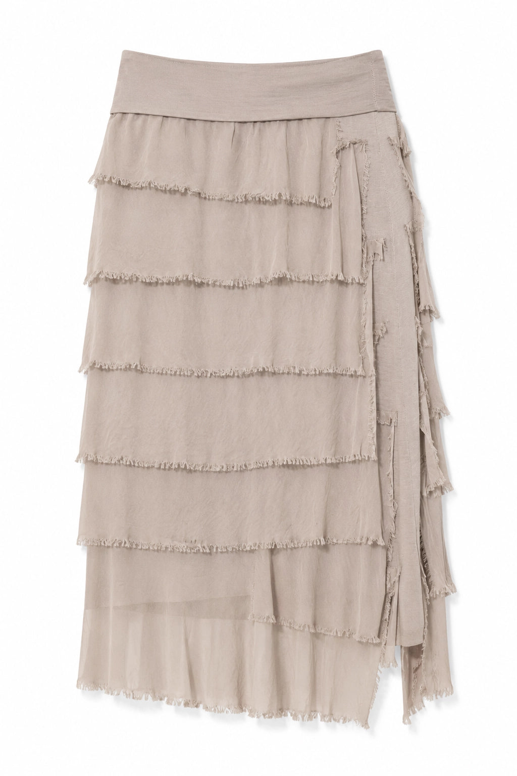 A tiered, ruffled midi skirt in a light taupe-beige color, featuring a wide waistband and cascading frayed edges, shown against a plain white background.