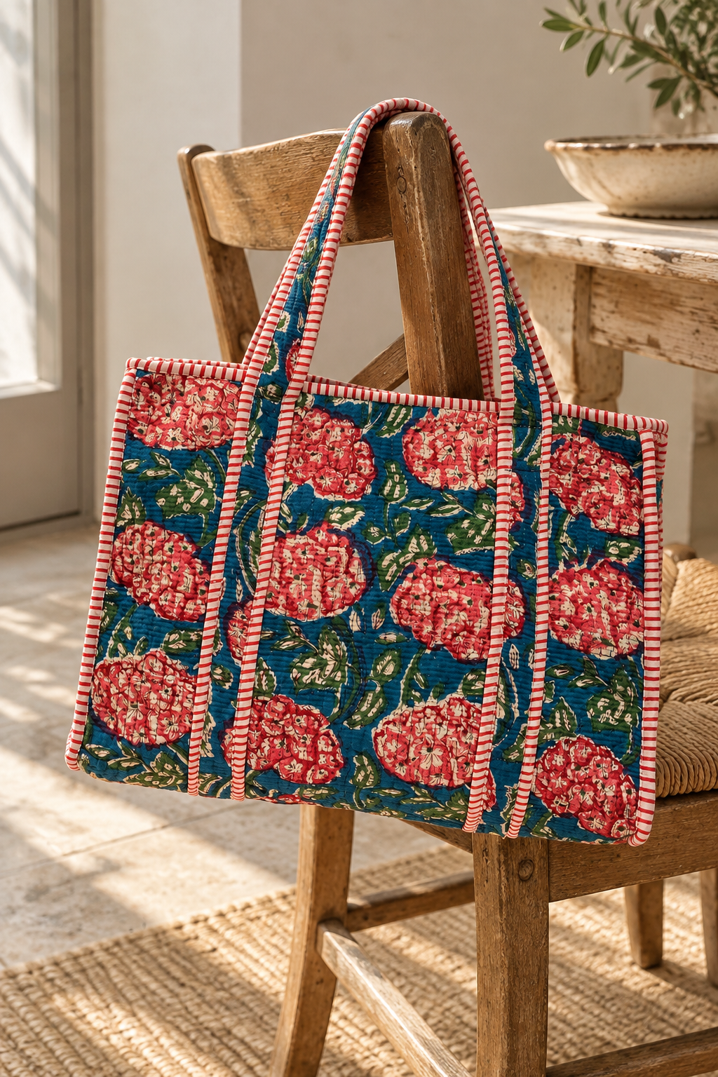 Teal Floral Tote Bag With Zip