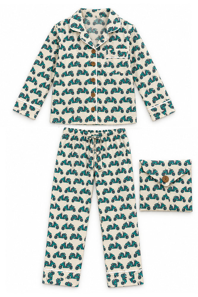 A children's pajama set laid flat on a white background, including a long-sleeve button-front top and matching pants, both in an off-white fabric with an allover teal animal print and a small brown button detail.