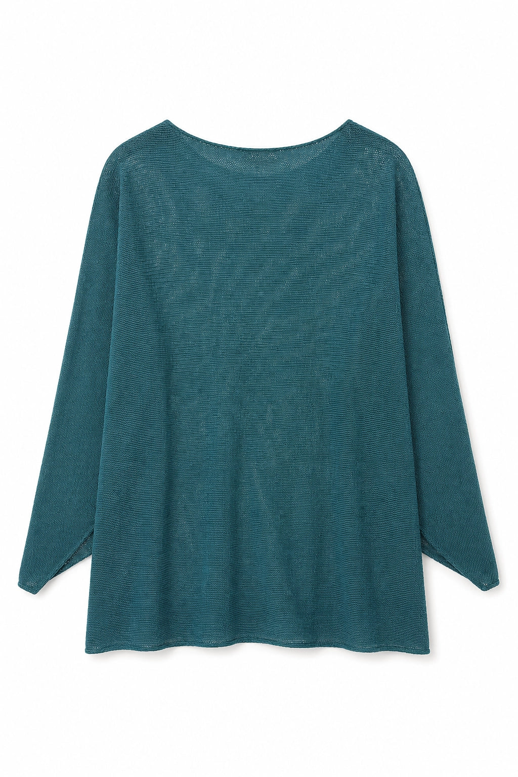 A teal blue-green long-sleeve knit top with a wide boat neckline, displayed against a plain white background.