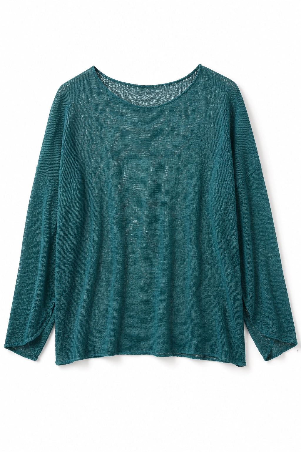 A teal green long-sleeve knit top with a wide boat neckline, laid flat against a white background.