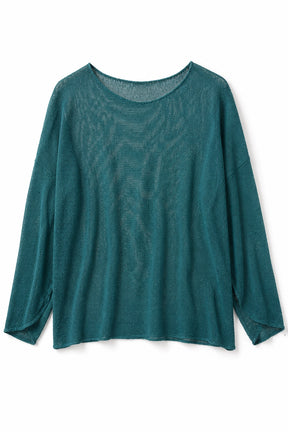 A teal green long-sleeve knit top with a wide boat neckline, laid flat against a white background.