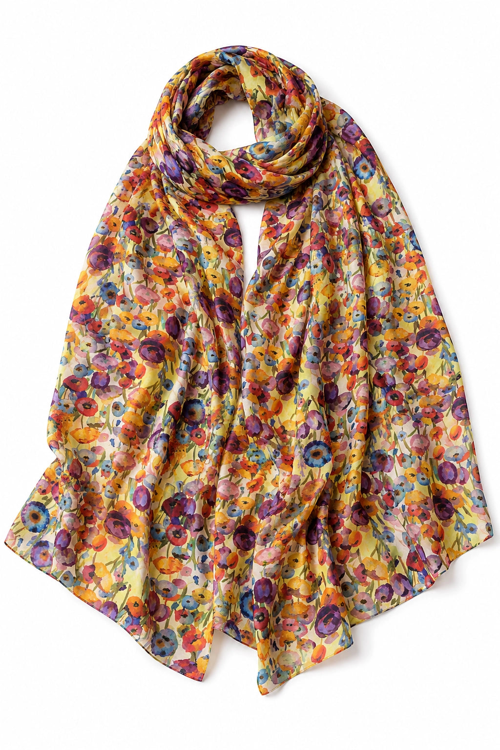 A lightweight scarf with a dense, multicolor floral print on a yellow base, draped to show its soft folds and semi-sheer texture against a plain white background.