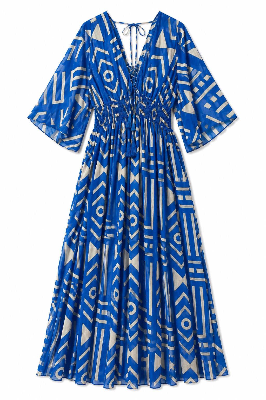 A blue and white geometric print midi dress with three-quarter sleeves, a V-neckline, and a smocked waist, shown against a plain white background.