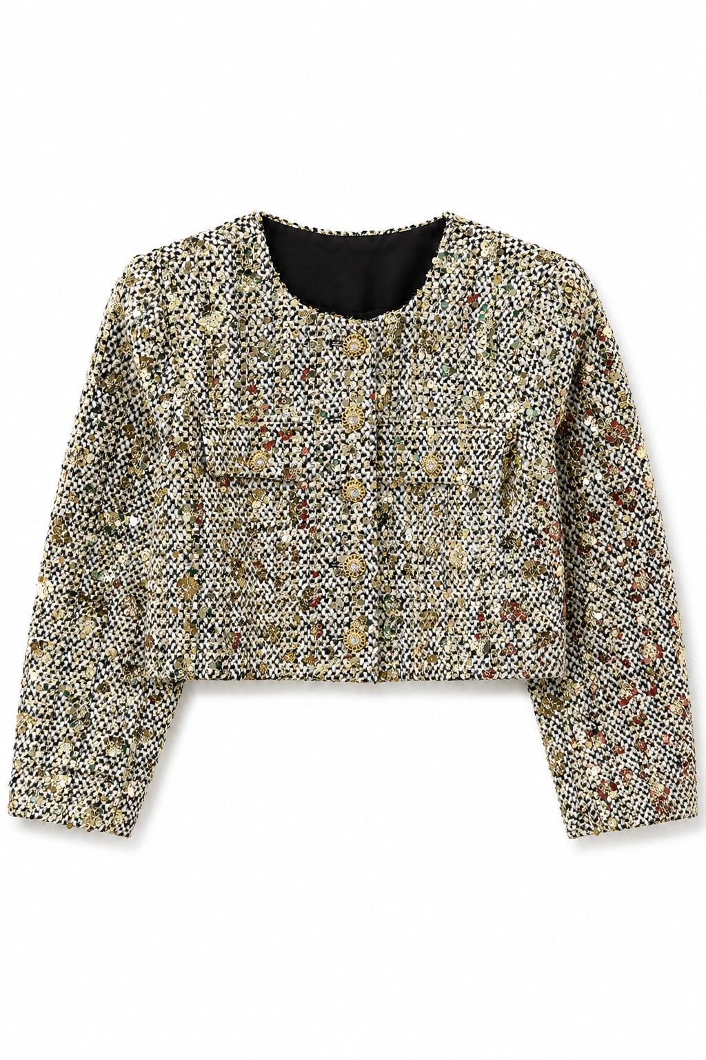 A cropped tweed jacket with a textured, multicolor woven pattern of beige, brown, and black threads, featuring a round neckline, front button closure, and flap pockets.