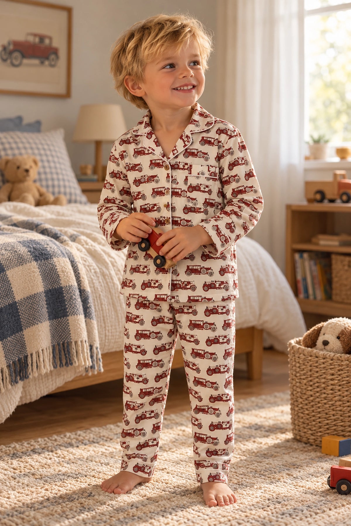 A young boy stands barefoot in a child's bedroom wearing a cream-colored pajama set with a repeating pattern of red vintage cars. The room features a bed with a blue and white plaid blanket, a teddy bear, and a basket of toys.
