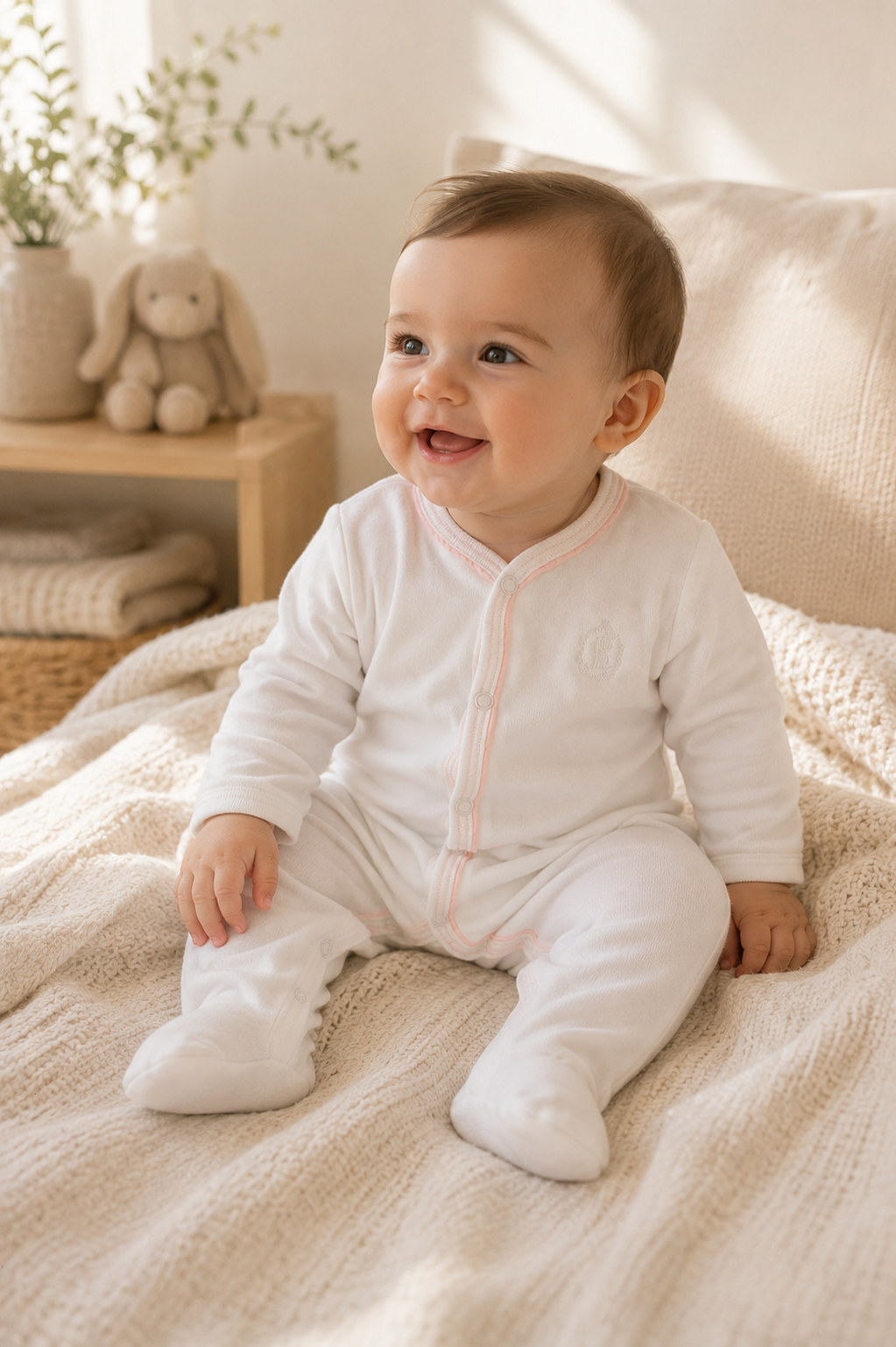 Baby in a white onesie sitting on a soft surface with a cozy room background.