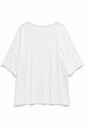 A white short-sleeve t-shirt with a relaxed, oversized fit and rolled cuffs, shown flat against a white background.