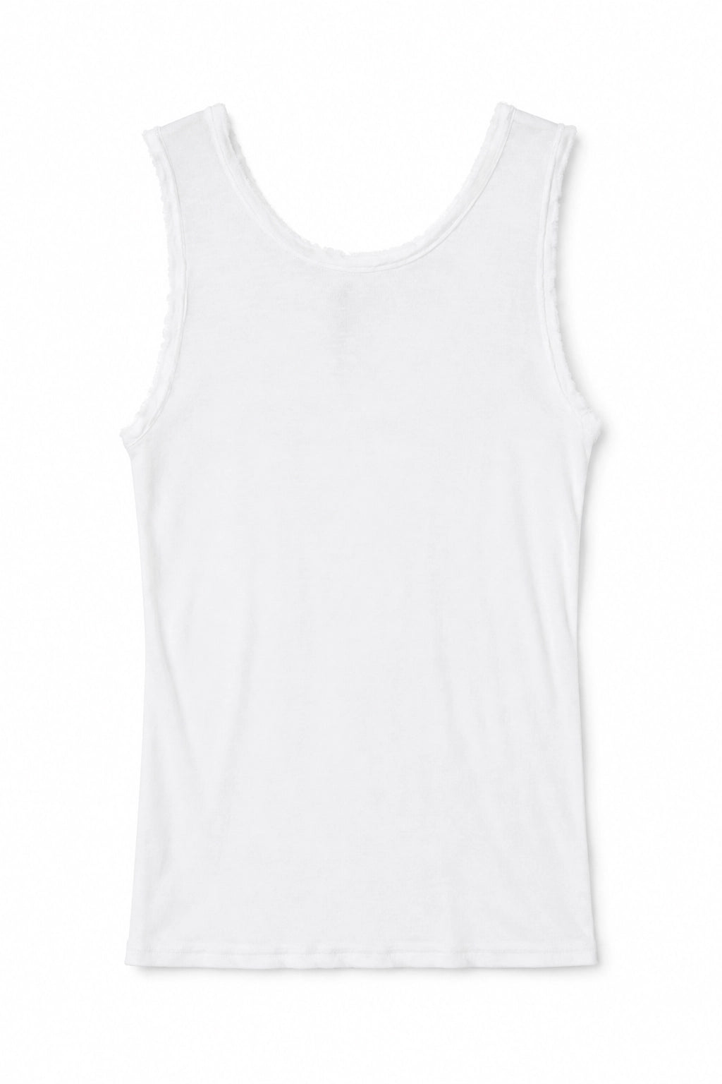 A plain white sleeveless tank top with a wide scoop neck, shown flat against a white background.