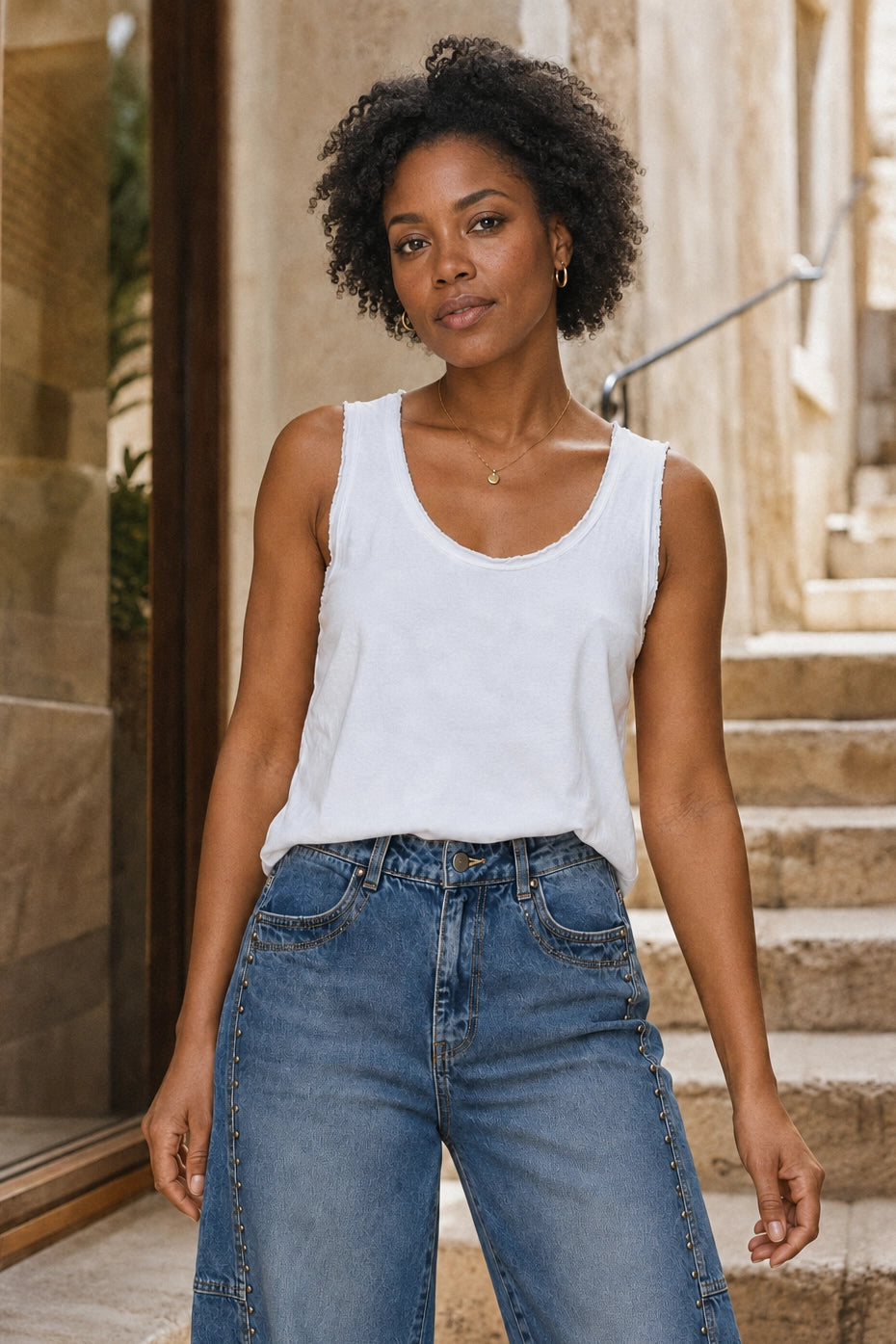 A woman with curly black hair wearing a white sleeveless tank top and blue jeans, standing on stone steps in front of a building.