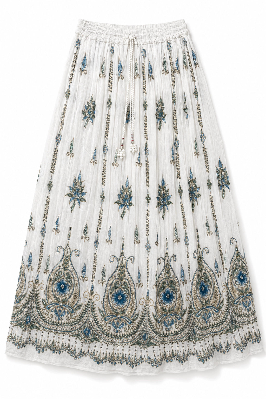 A white pleated midi skirt featuring intricate blue, gray, and gold embroidery, including vertical chain motifs and a large ornate paisley border at the bottom.