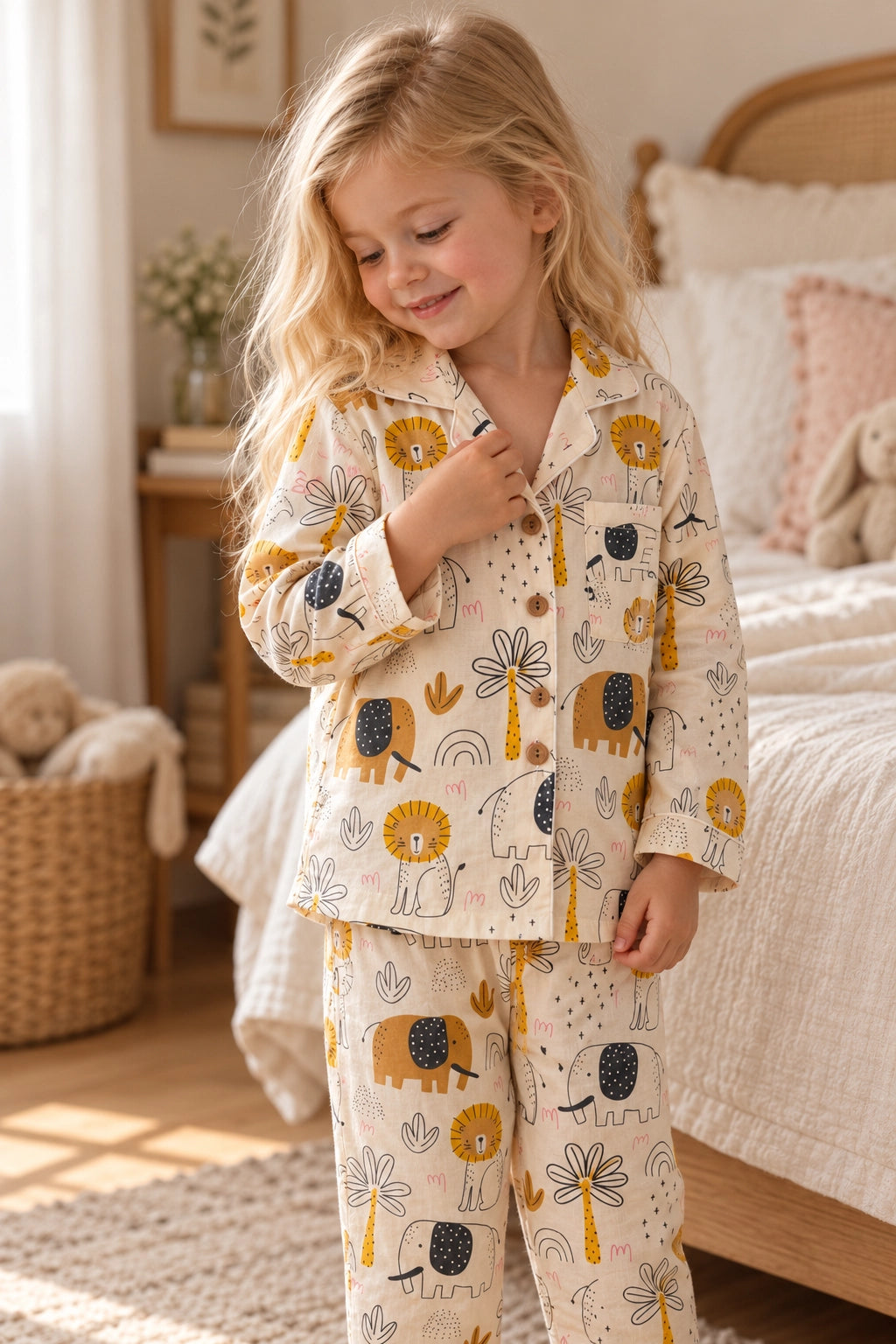 A young girl wearing a two-piece pajama set with a whimsical safari animal print, standing in a cozy, sunlit bedroom.
