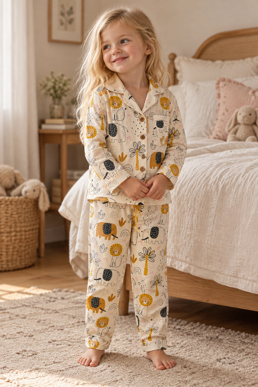 A young girl stands barefoot in a bedroom wearing a cream-colored pajama set with a playful animal print including lions, giraffes, and elephants in mustard yellow, navy blue, and brown.
