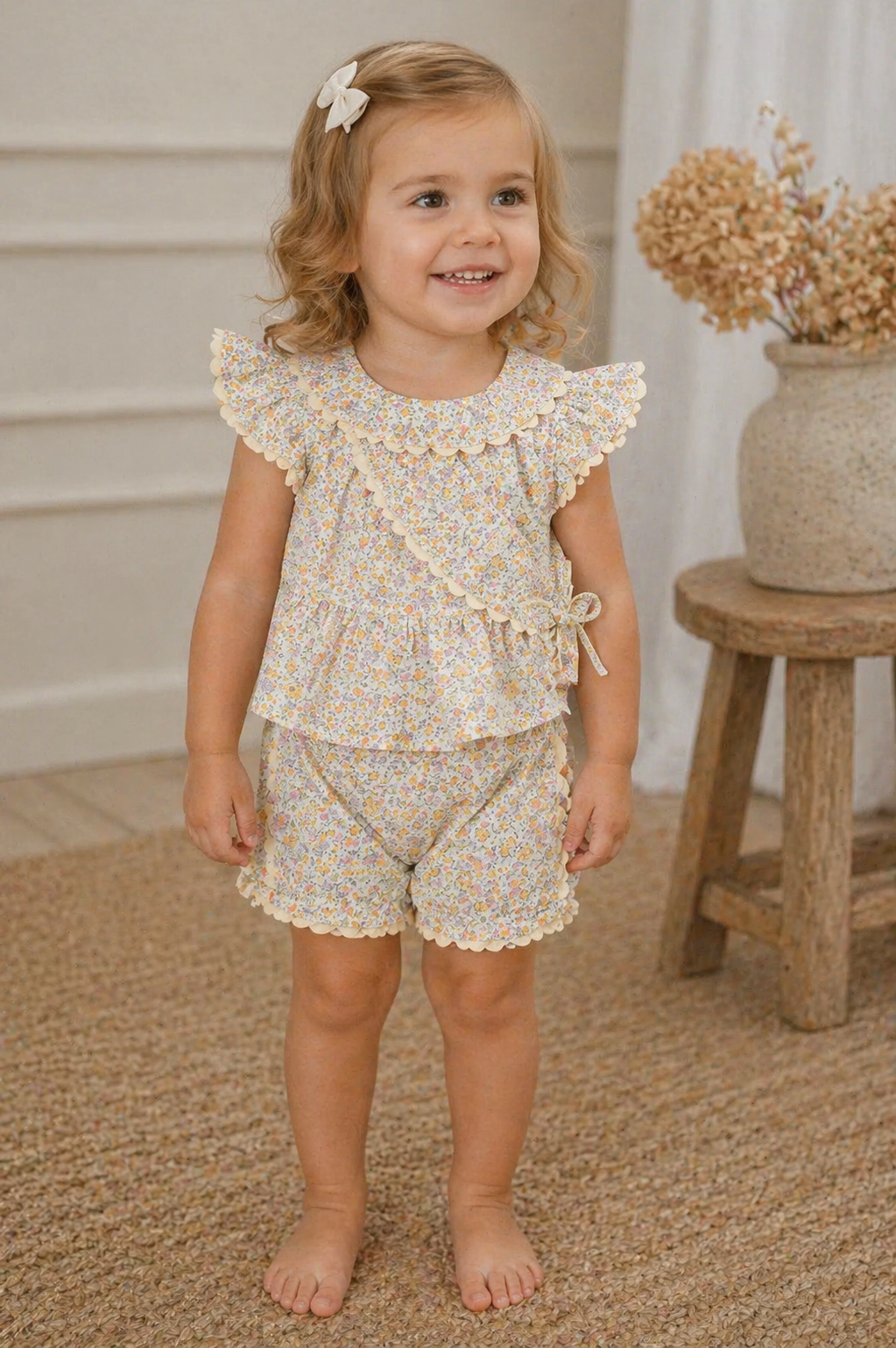 Young girl in a floral outfit standing on a carpeted floor with a wooden stool and decorative vase in the background.