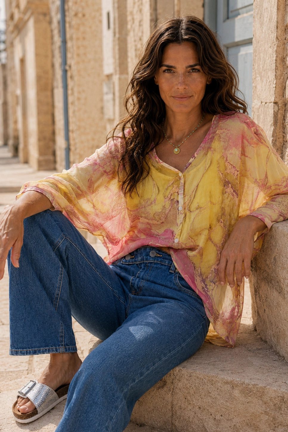 Yellow Marble Print Silk Blouse
