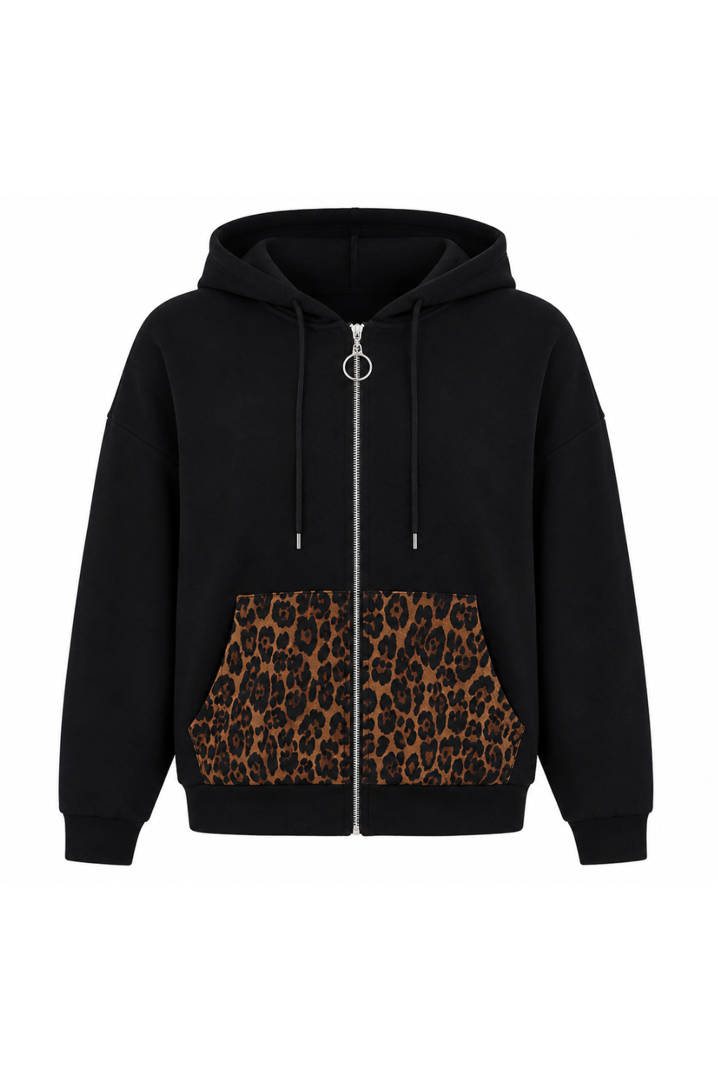 Black hoodie with leopard print pocket on a white background