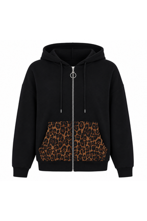 Black hoodie with leopard print pocket on a white background