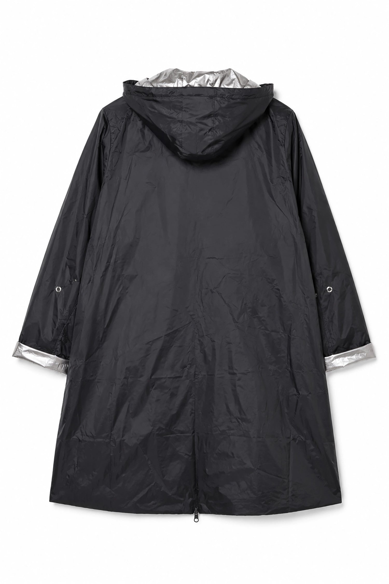 Black raincoat with silver lining on a white background