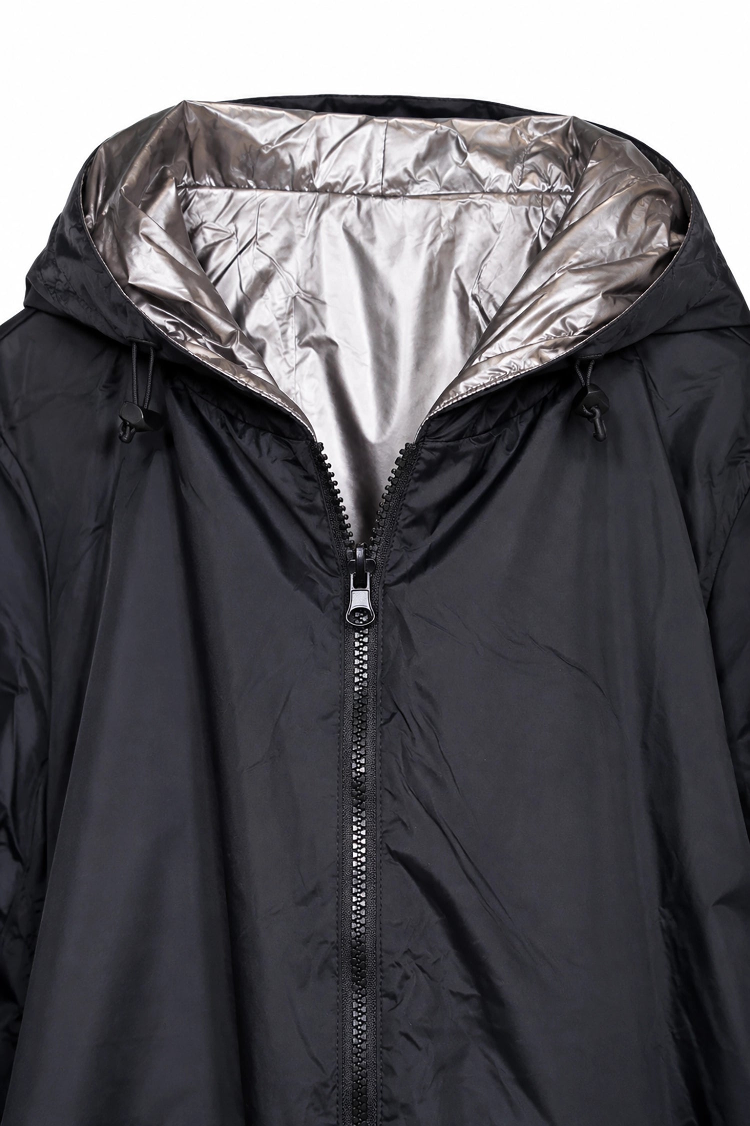 Black jacket with a metallic hood on a white background
