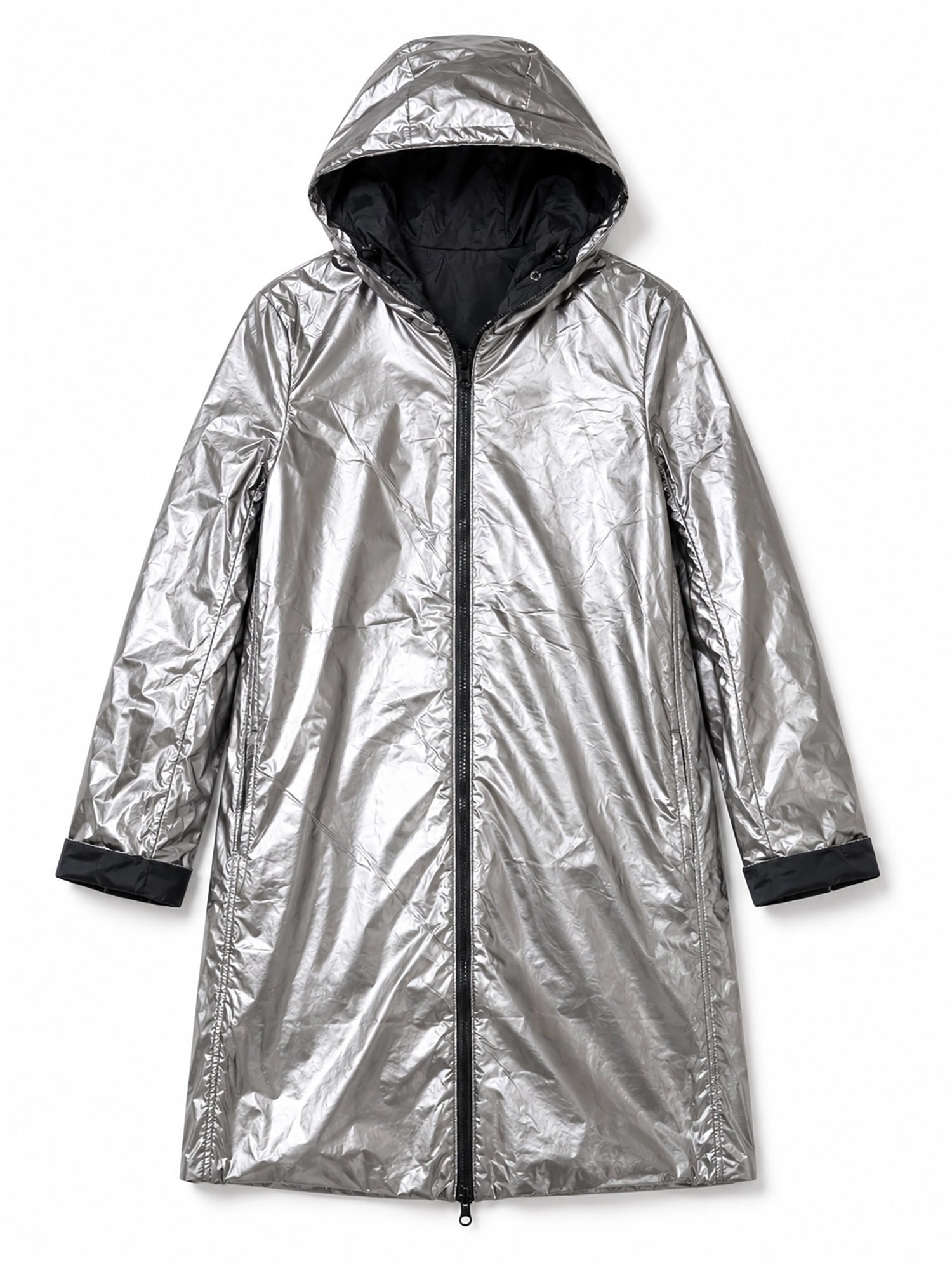 Silver raincoat with black accents on a white background