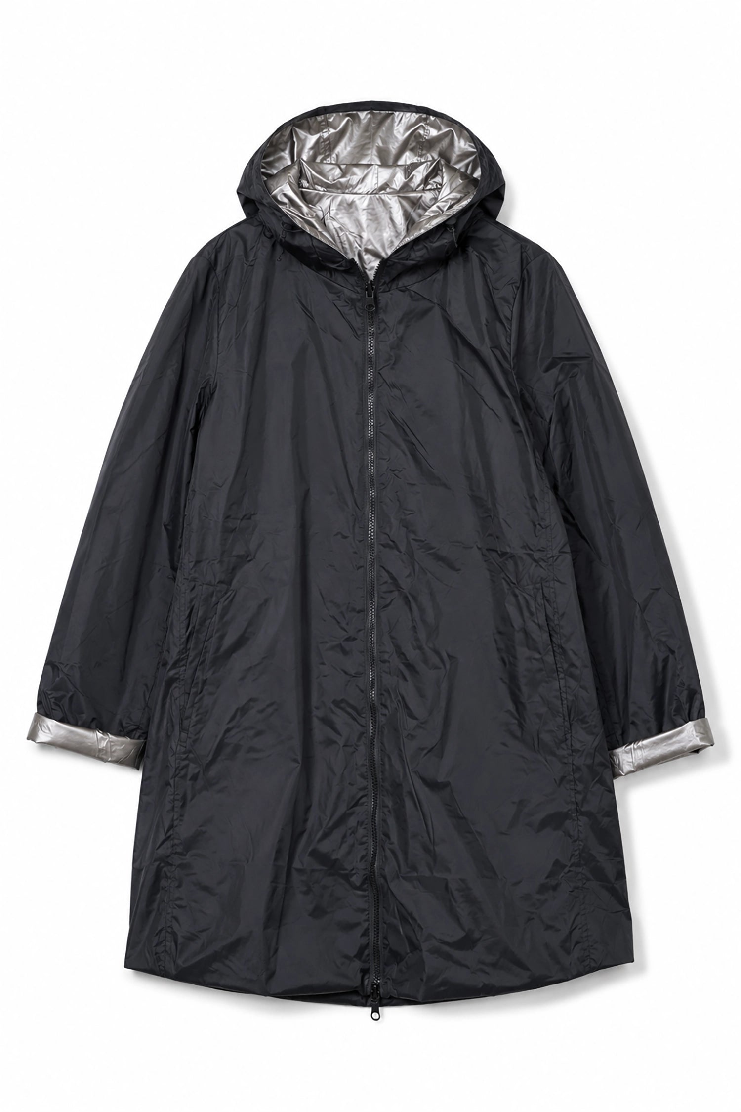 Black raincoat with silver lining on a white background