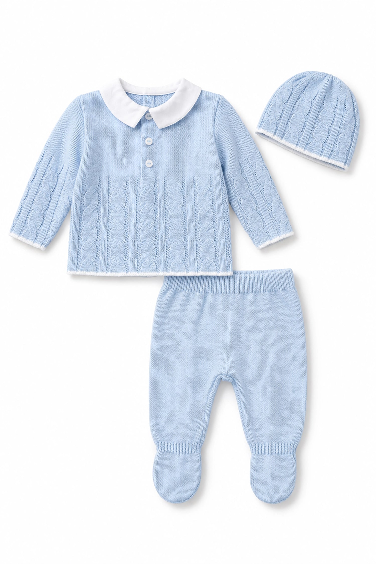Blue baby outfit with sweater, pants, and hat on a white background