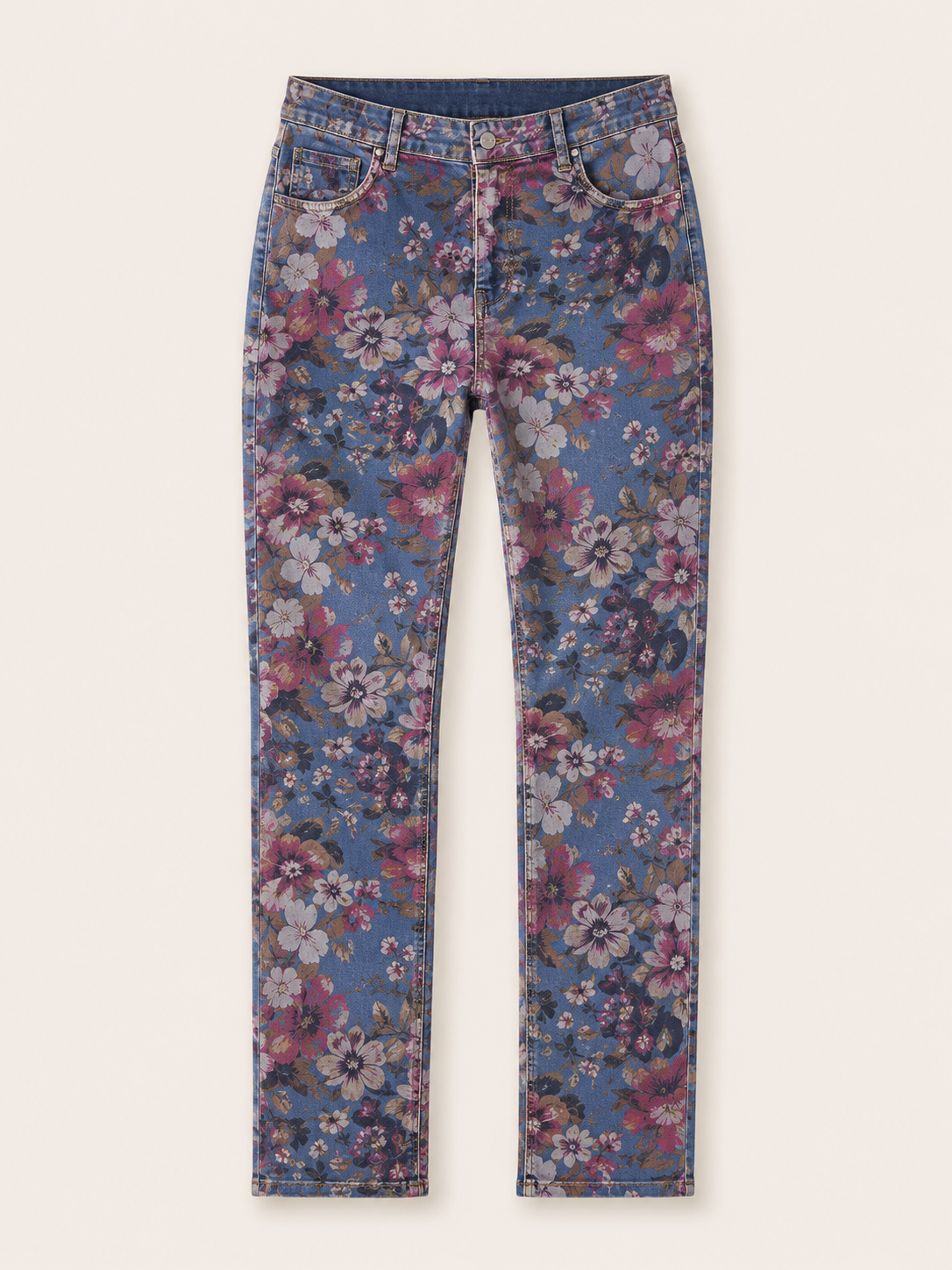 Floral patterned jeans on a white background