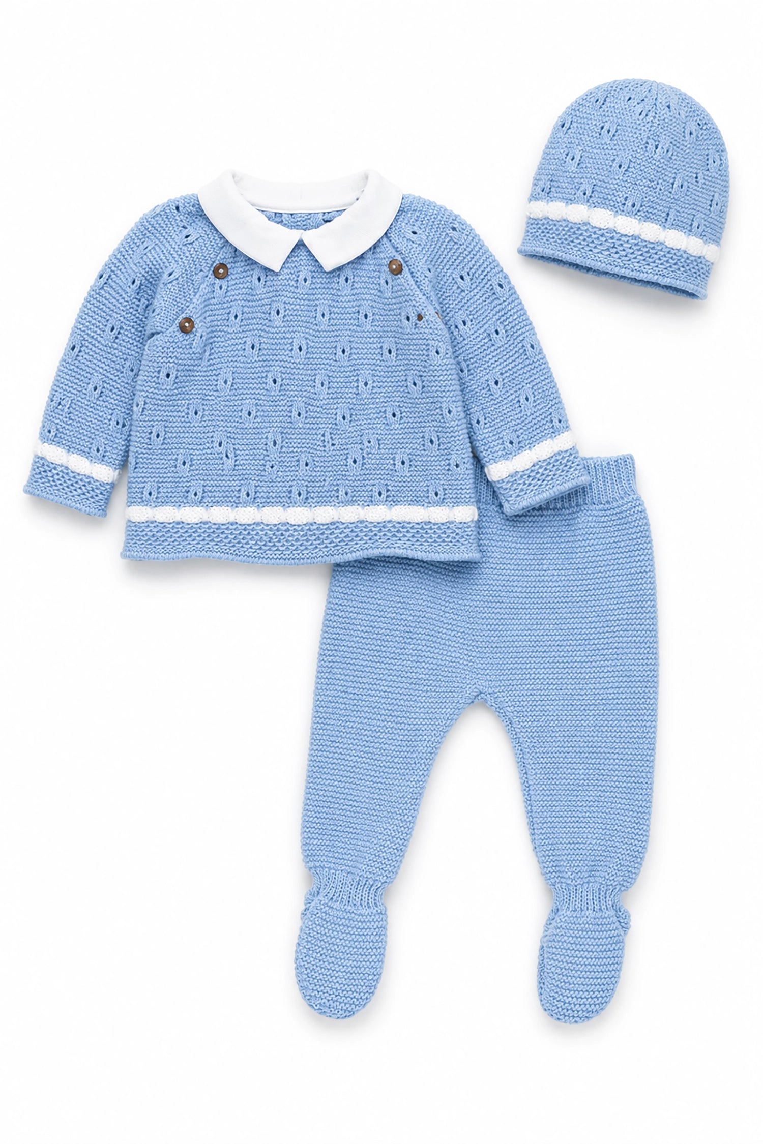 Blue knitted baby outfit with sweater, pants, and hat on a white background