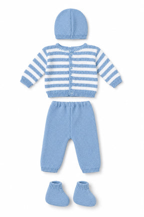 Blue and white striped baby outfit with hat, pants, and booties on a white background