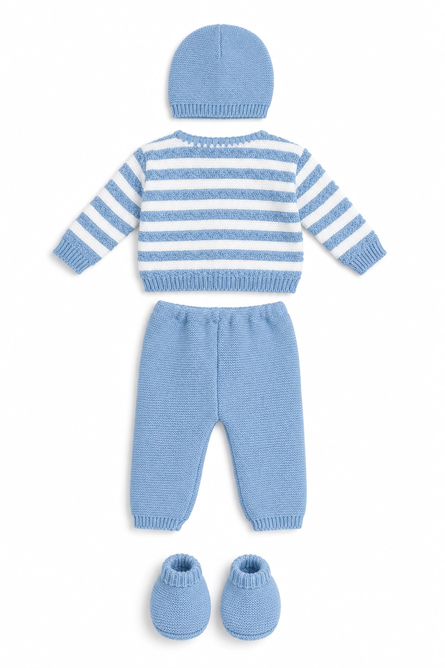 Blue baby outfit with striped sweater, pants, and booties on a white background