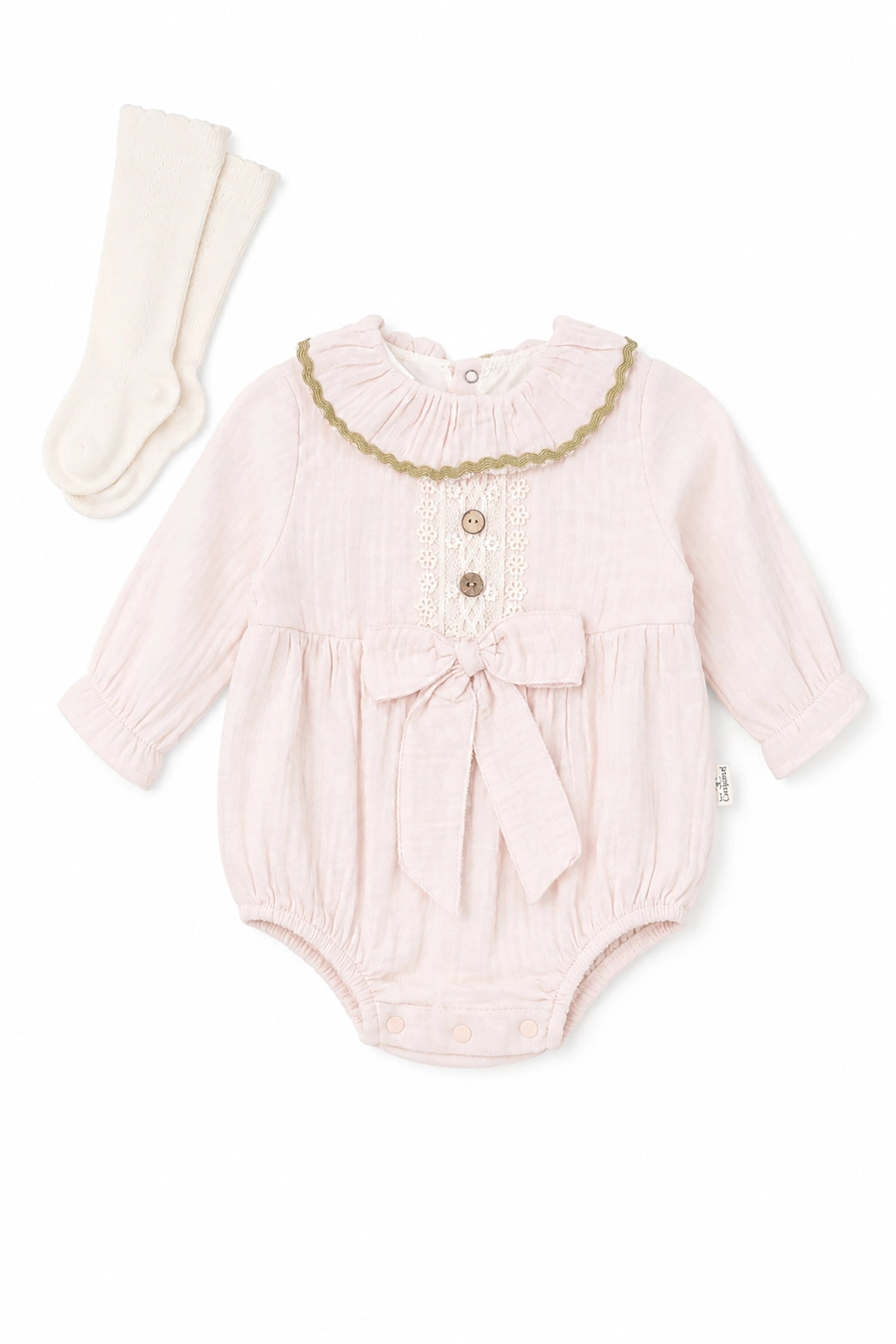 Pink baby romper with ruffled collar and buttons, paired with white tights on a white background