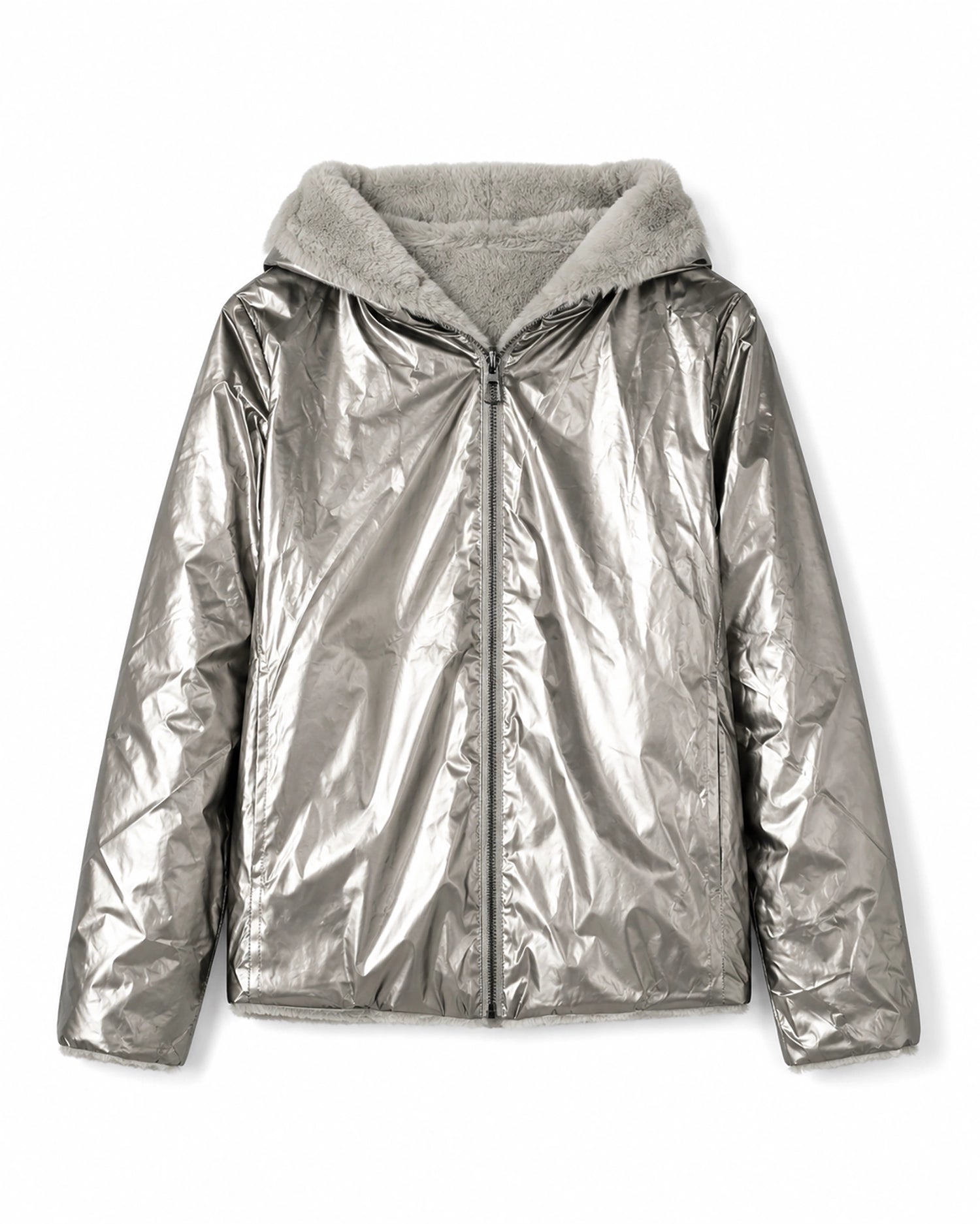 Silver metallic jacket with a hood on a white background