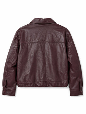 Burgundy pleather jacket on a white background