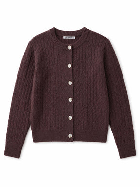 Brown cable knit cardigan with silver buttons on a white background