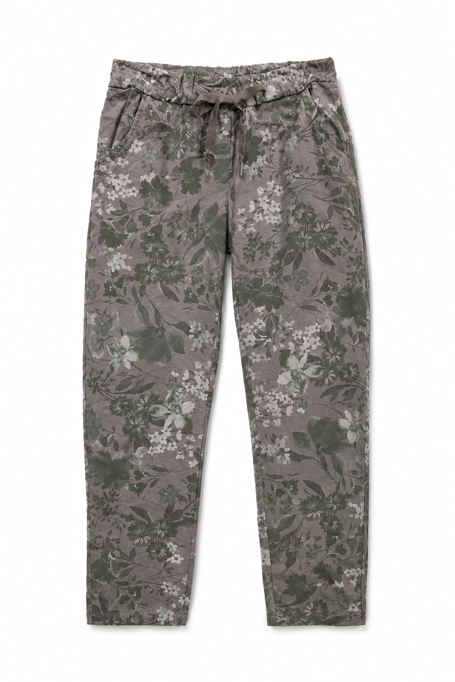 Floral-patterned pants on a white background