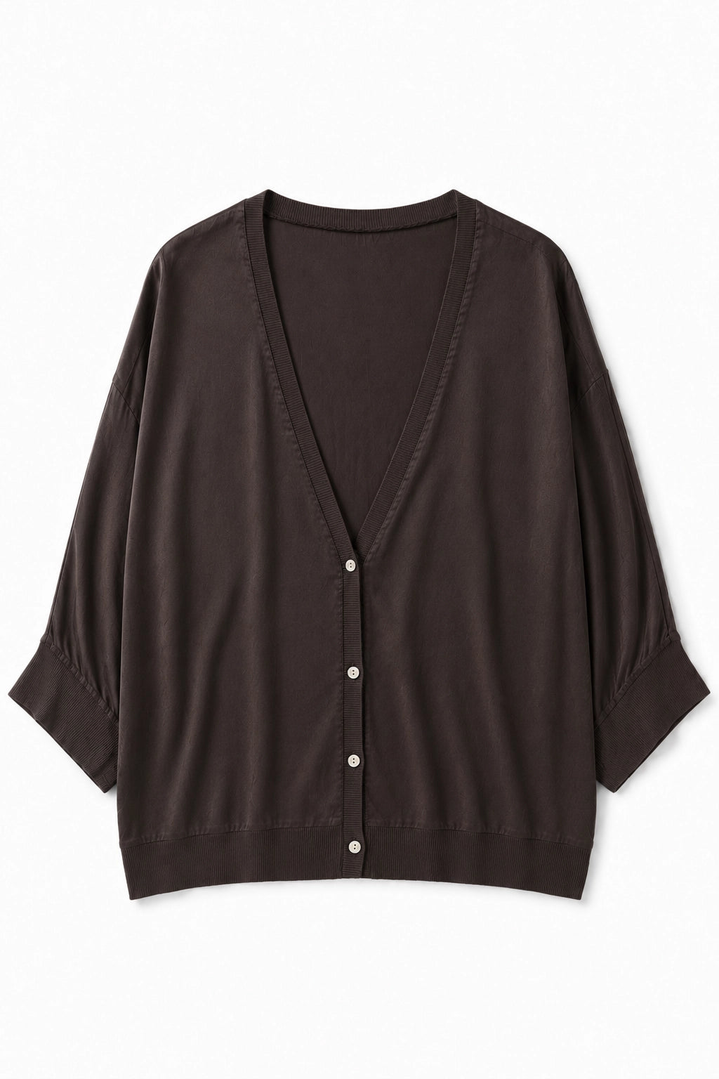 A dark brown knit cardigan with a V-neck, button-front closure, and elbow-length sleeves, shown flat against a plain white background.