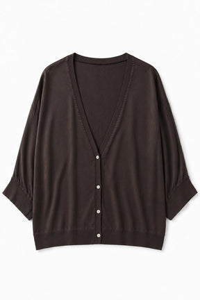 A dark brown knit cardigan with a V-neck, button-front closure, and elbow-length sleeves, shown flat against a plain white background.
