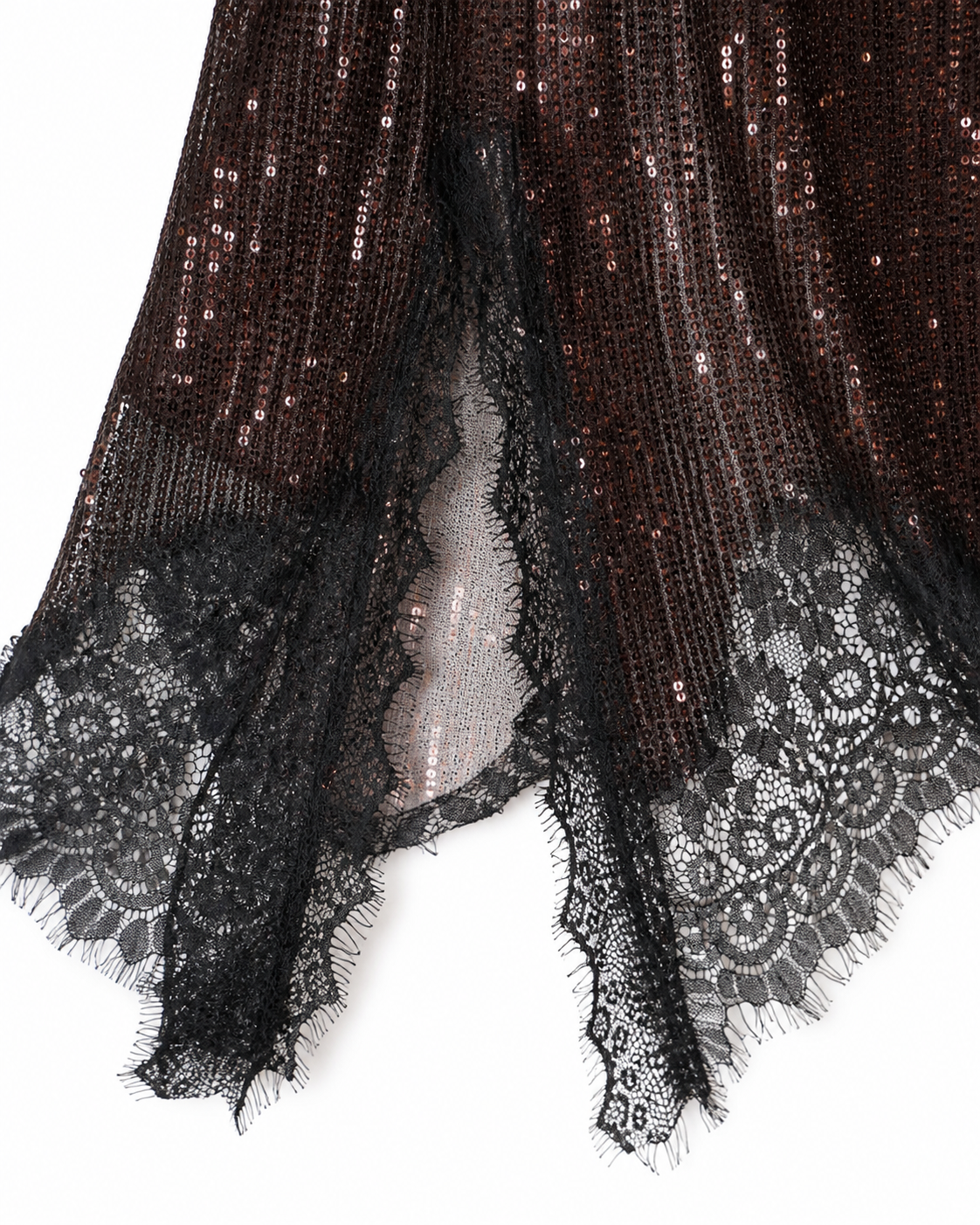 Close-up of a brown and black lace garment on a white background