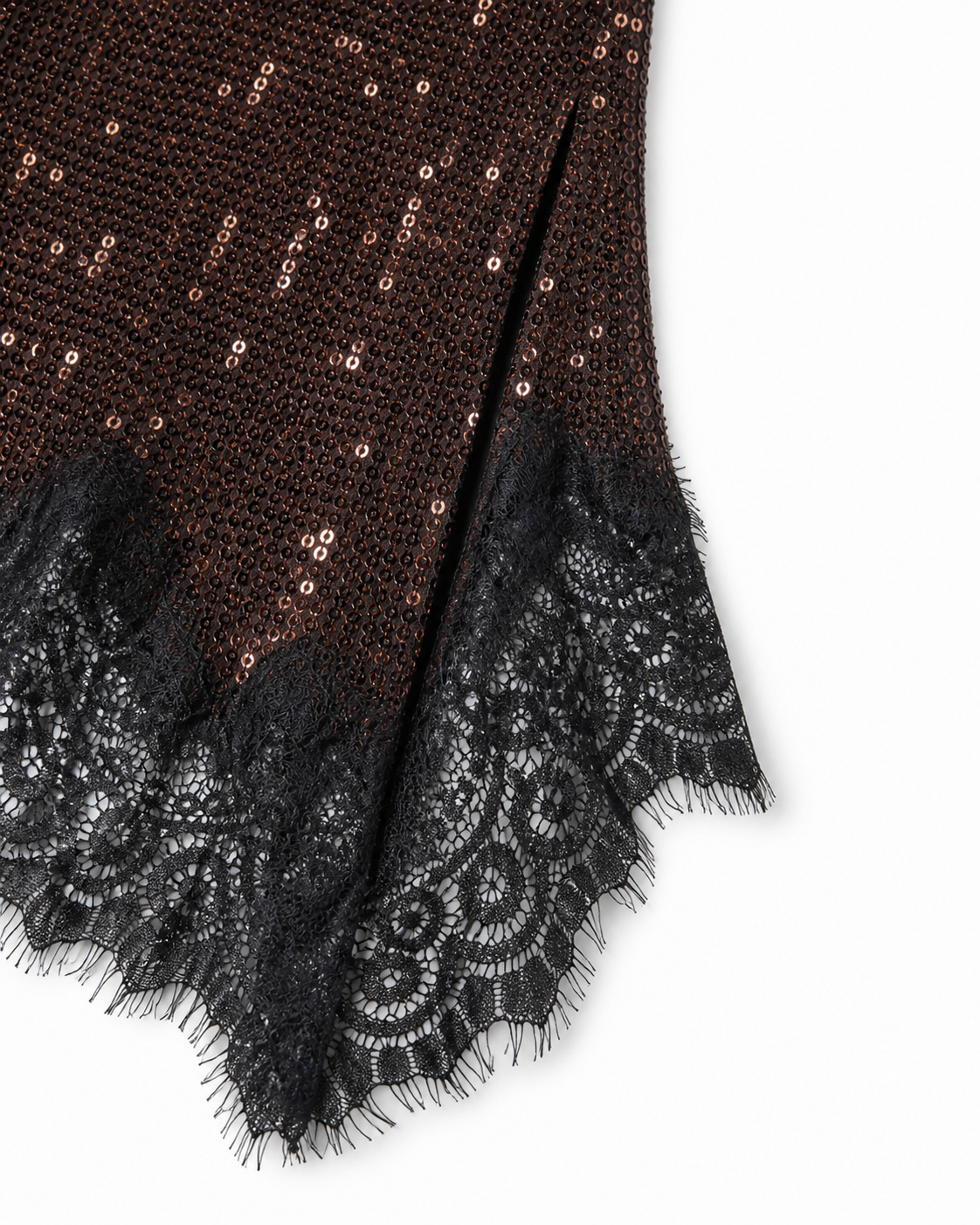 Close-up of a brown and black patterned fabric with sequins and lace trim on a white background