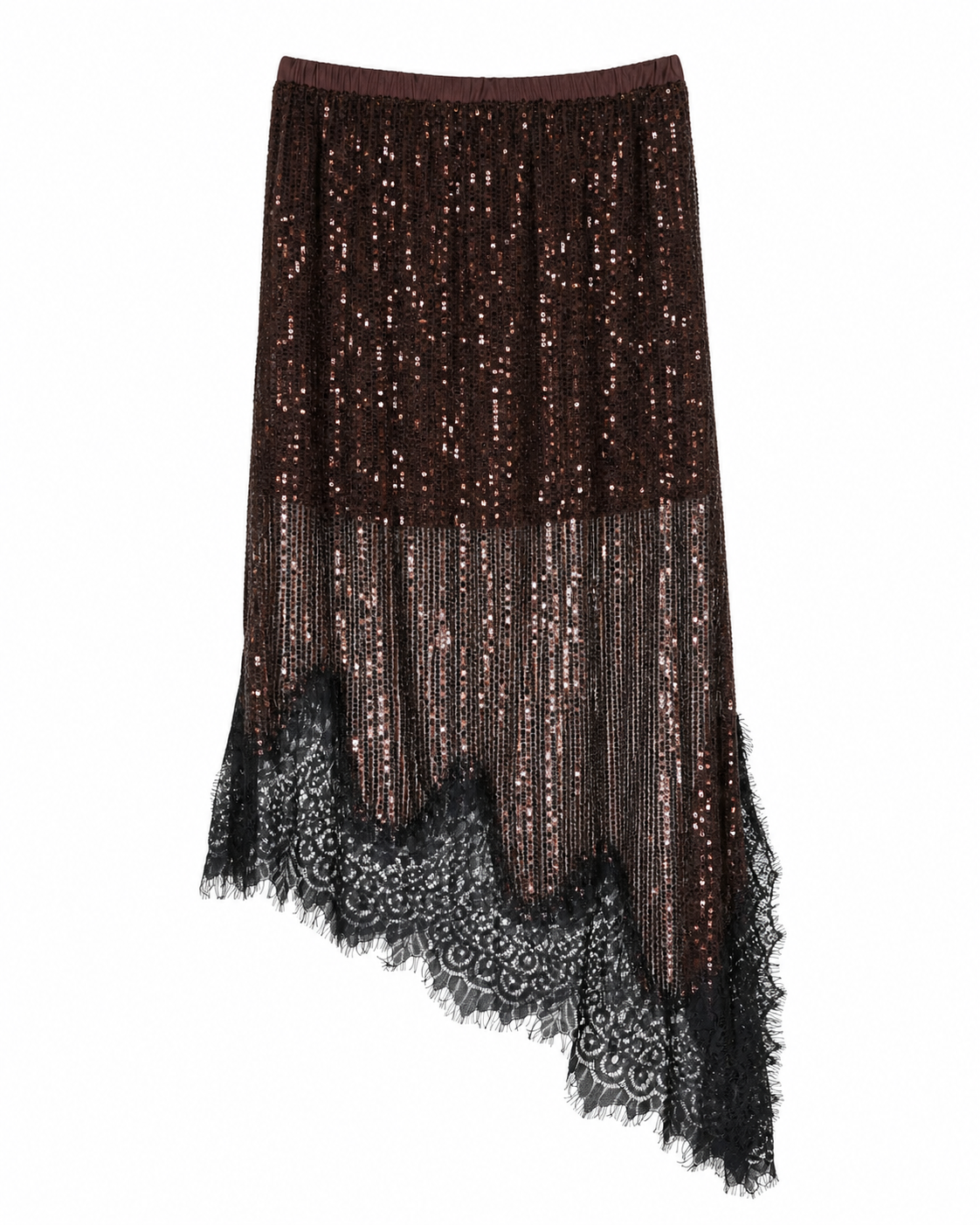 Brown sequin skirt with black lace trim on a white background