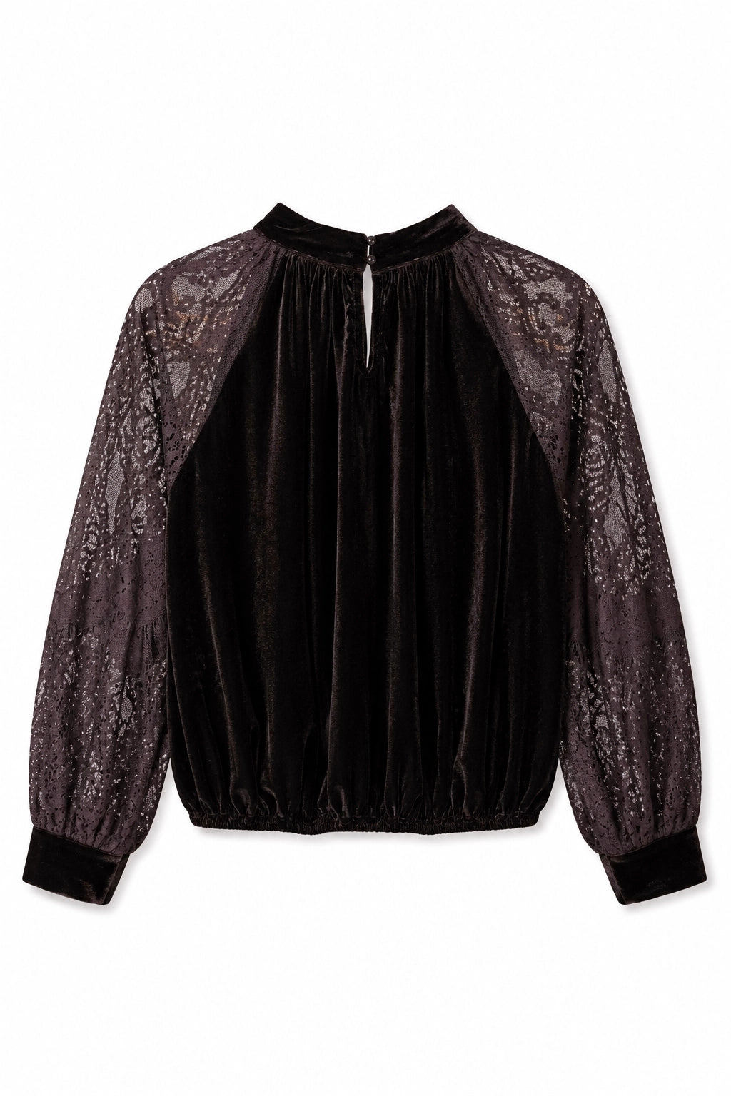 Black blouse with sheer sleeves on a white background