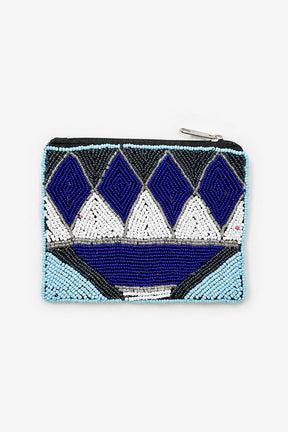 Beaded pouch with blue and white geometric pattern on a white background