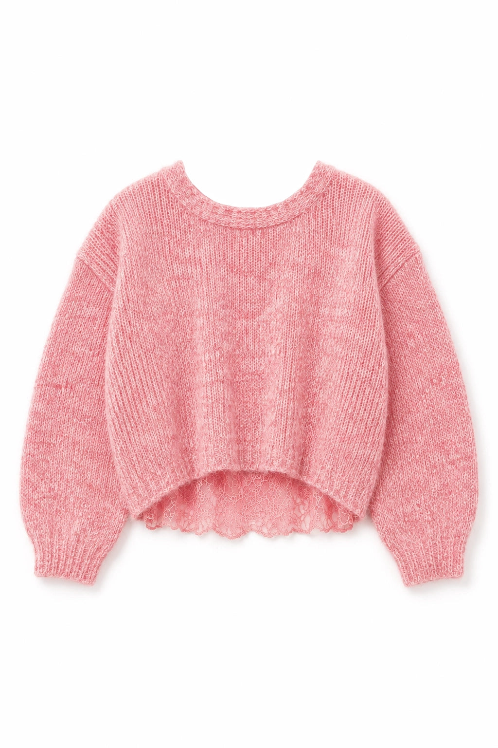 A pink knit sweater with a crew neck, dropped shoulders, and a scalloped hem, displayed against a plain white background.
