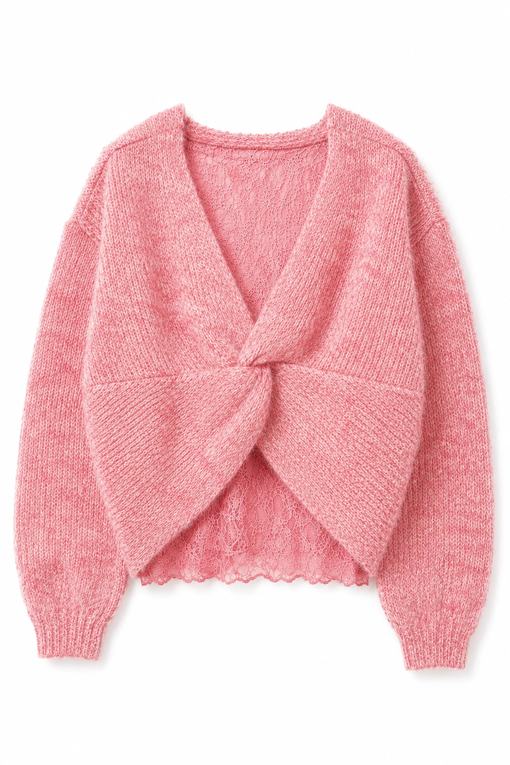 A pink knit cardigan sweater with a twisted front detail, long sleeves, and a scalloped hem, shown against a plain white background.